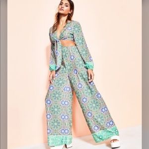 Royalty by Maluma Tie-Front Cutout Jumpsuit green floral